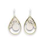 Brass teardrop shaped earrings embellished with white jade, moonstone, fresh water pearls, and opal gemstones on hammered sterling silver wire