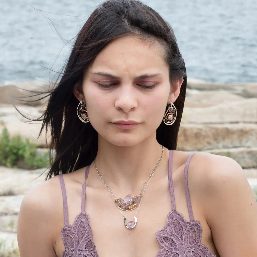 Tree stamped sterling silver oxidized paisley shaped earrings with bronze hammered twists, pink fresh water pearl coins and magenta crystals with built in earring hooks that wear like a post earring