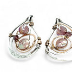 Tree stamped sterling silver oxidized paisley shaped earrings with bronze hammered twists, pink fresh water pearl coins and magenta crystals with built in earring hooks that wear like a post earring