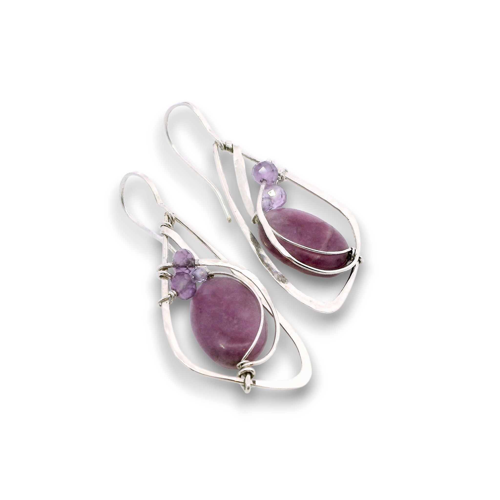 Sterling silver hammered wing shaped earrings with sugilite smooth ovals, lavender cubic zirconia, and amethyst gemstones
