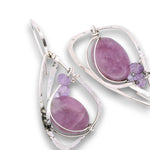 Sterling silver hammered wing shaped earrings with sugilite smooth ovals, lavender cubic zirconia, and amethyst gemstones