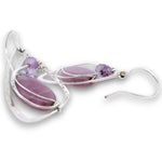 Sterling silver hammered wing shaped earrings with sugilite smooth ovals, lavender cubic zirconia, and amethyst gemstones