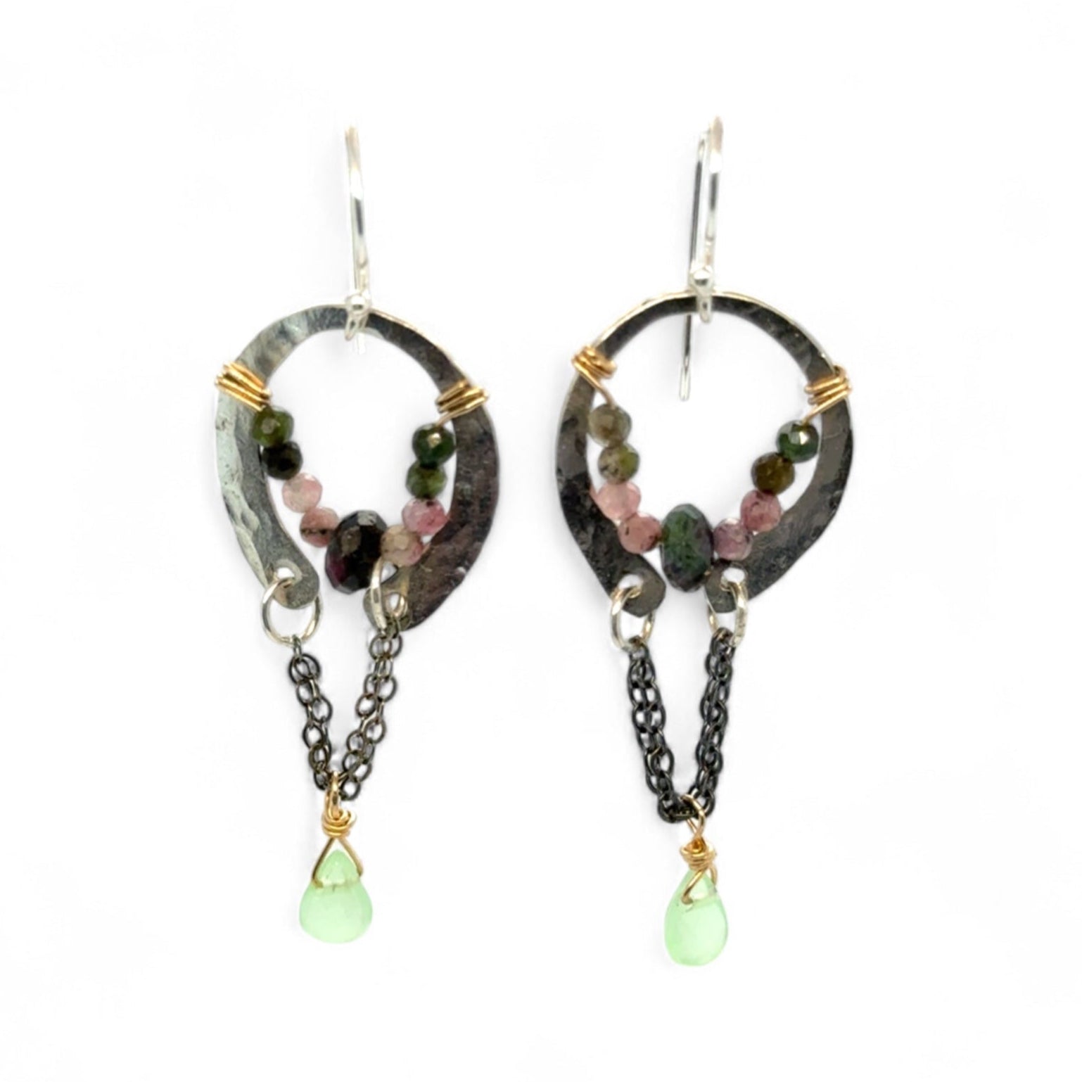 A pair of dark sterling silver mini open hoop earrings with tourmaline and new jade mini drop gemstones, featuring a oxidized sterling silver delicate chain