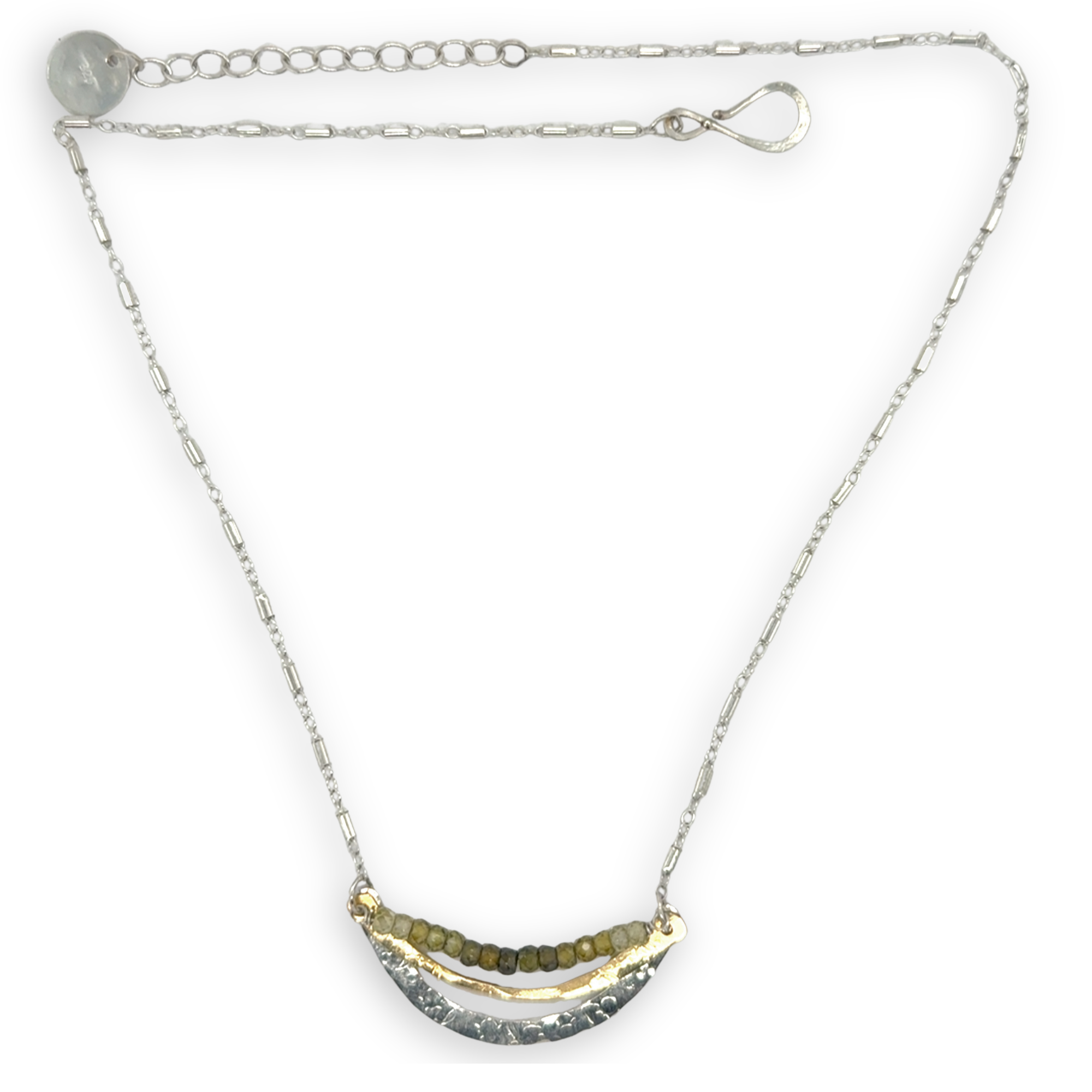 Stamped sterling silver and brass crescent necklace lines with ombre green faceted cubic zirconia gemstones