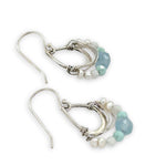 Tiny sterling silver hammered drop earrings with sterling silver webbing with fresh water pearl, moonstone, amazonite, and aquamarine gemstones