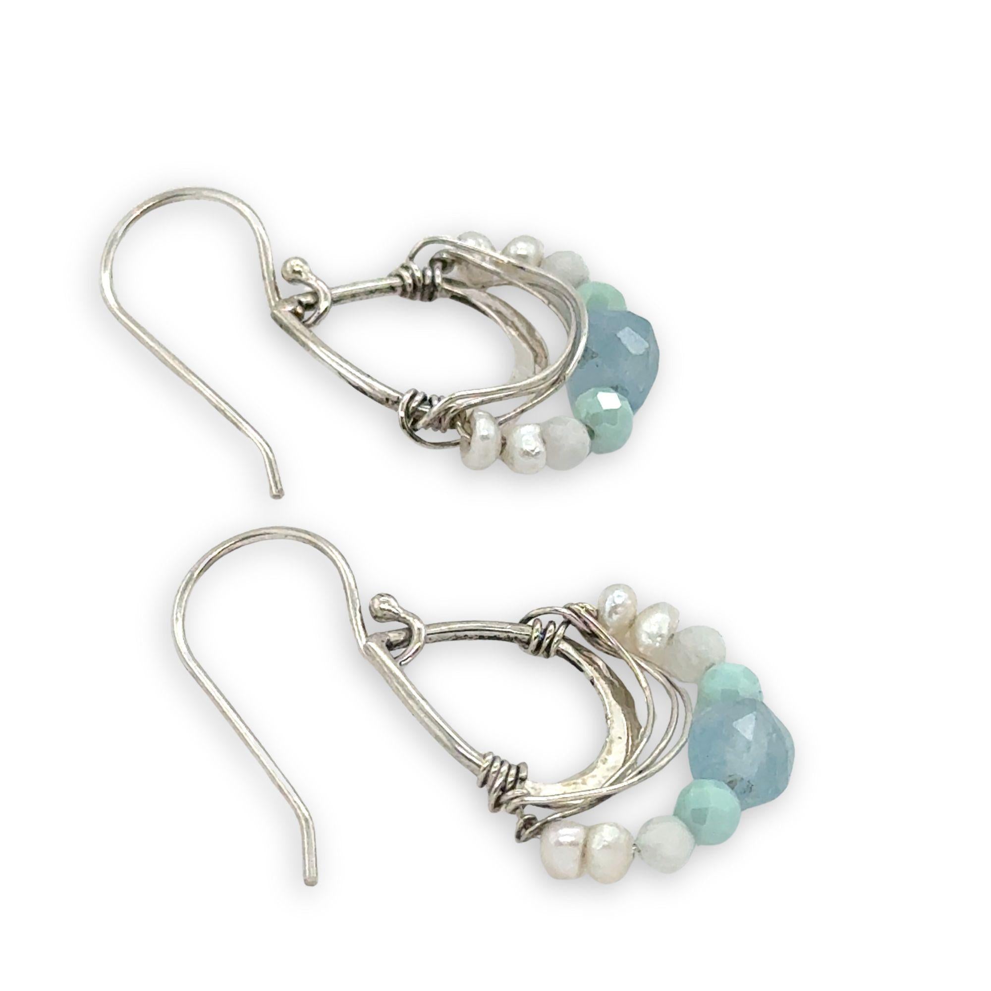 Tiny sterling silver hammered drop earrings with sterling silver webbing with fresh water pearl, moonstone, amazonite, and aquamarine gemstones
