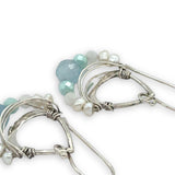 Tiny sterling silver hammered drop earrings with sterling silver webbing with fresh water pearl, moonstone, amazonite, and aquamarine gemstones