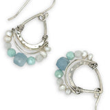 Tiny sterling silver hammered drop earrings with sterling silver webbing with fresh water pearl, moonstone, amazonite, and aquamarine gemstones