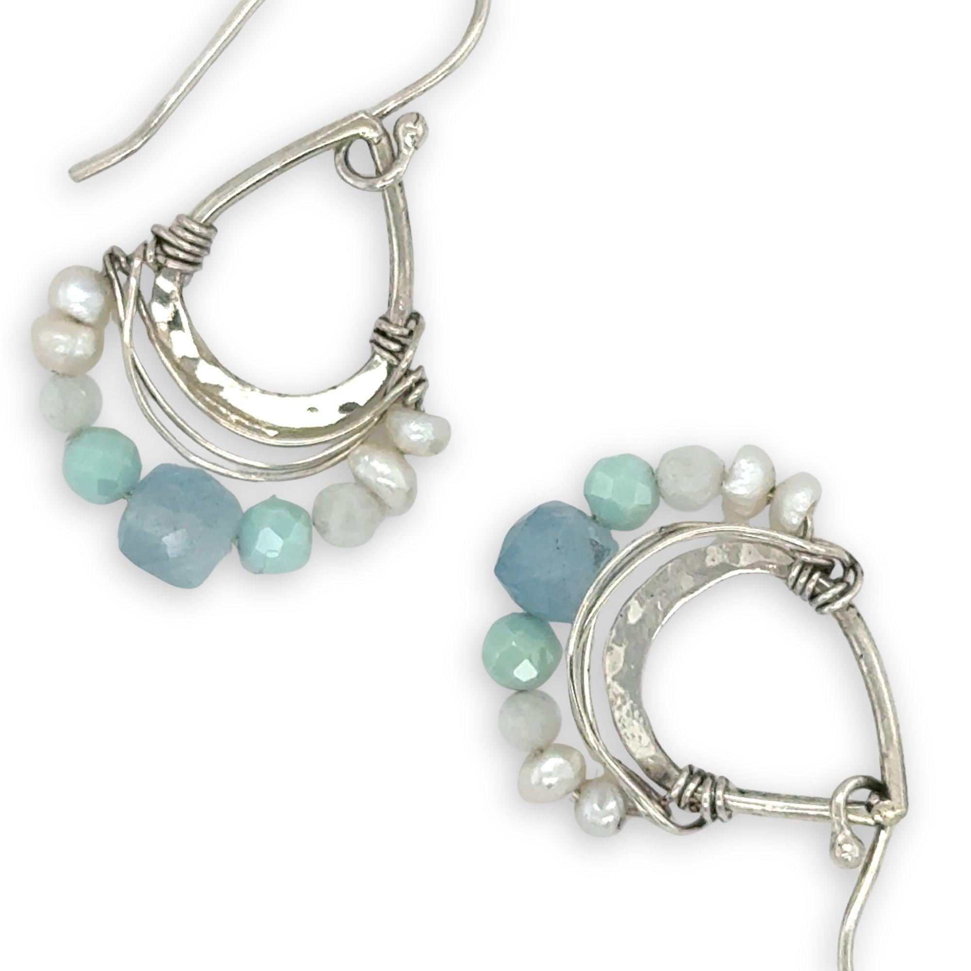 Tiny sterling silver hammered drop earrings with sterling silver webbing with fresh water pearl, moonstone, amazonite, and aquamarine gemstones