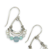 Tiny sterling silver hammered drop earrings with sterling silver webbing with fresh water pearl, moonstone, amazonite, and aquamarine gemstones