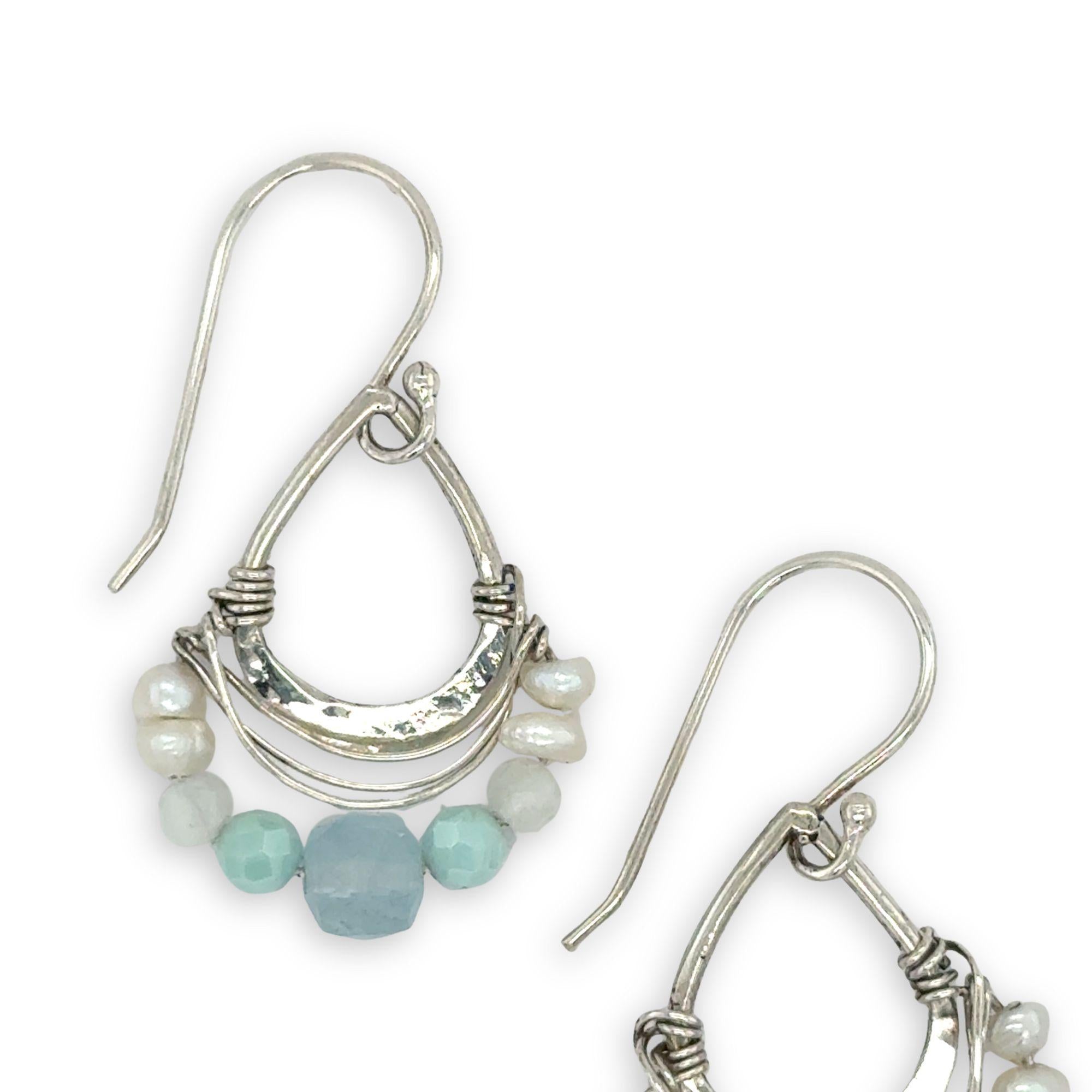 Tiny sterling silver hammered drop earrings with sterling silver webbing with fresh water pearl, moonstone, amazonite, and aquamarine gemstones