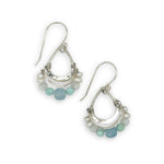 Tiny sterling silver hammered drop earrings with sterling silver webbing with fresh water pearl, moonstone, amazonite, and aquamarine gemstones