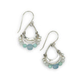 Tiny sterling silver hammered drop earrings with sterling silver webbing with fresh water pearl, moonstone, amazonite, and aquamarine gemstones