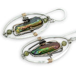 olive green bark fresh water pearls and green cubic zirconia gemstones in hammered oval earrings 