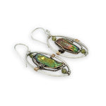 olive green bark fresh water pearls and green cubic zirconia gemstones in hammered oval earrings 