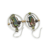 olive green bark fresh water pearls and green cubic zirconia gemstones in hammered oval earrings 