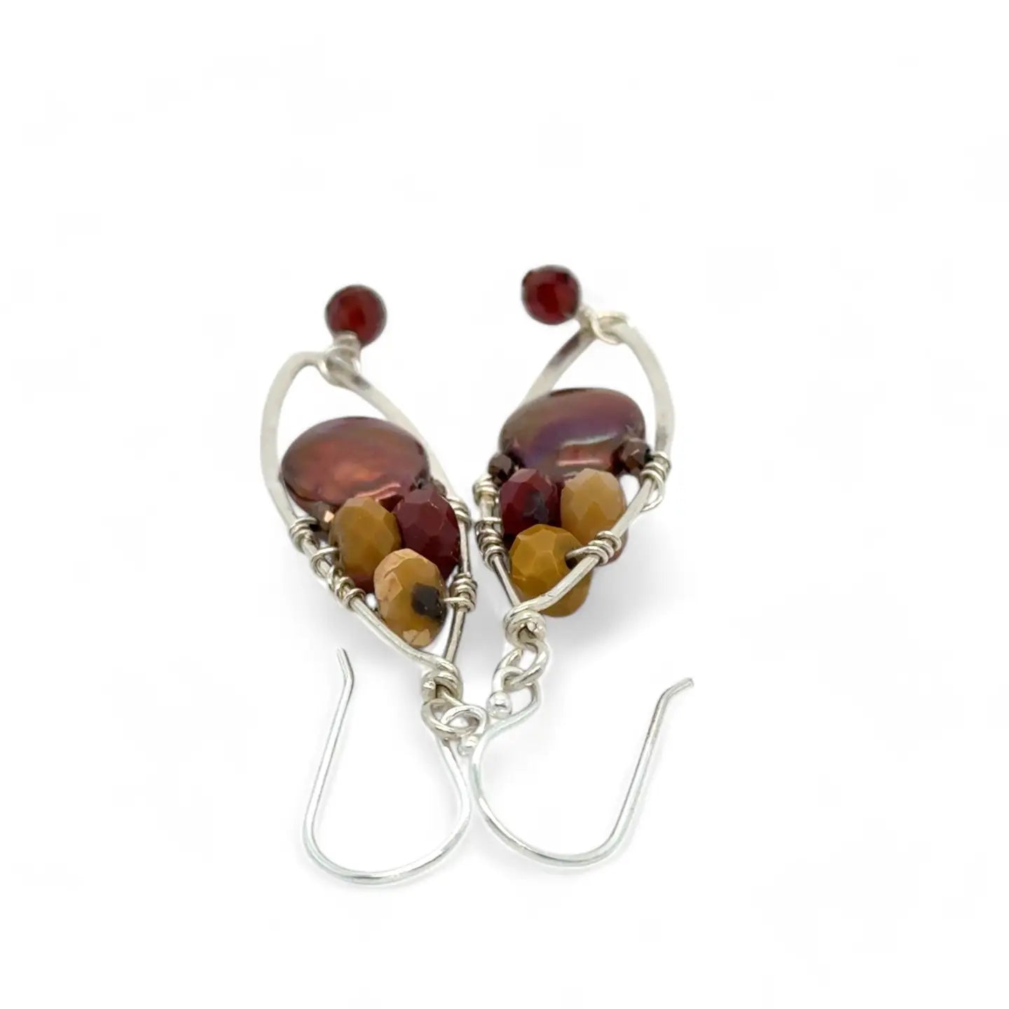 A pair of lightweight sterling silver marquise frame earrings, featuring faceted mookite jasper , hessonite gemstones, and a rich red fresh water pearl drop.