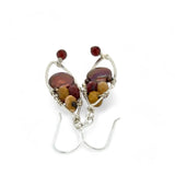 A pair of lightweight sterling silver marquise frame earrings, featuring faceted mookite jasper , hessonite gemstones, and a rich red fresh water pearl drop.
