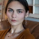 A pair of lightweight sterling silver marquise frame earrings, featuring faceted mookite jasper , hessonite gemstones, and a rich red fresh water pearl drop.