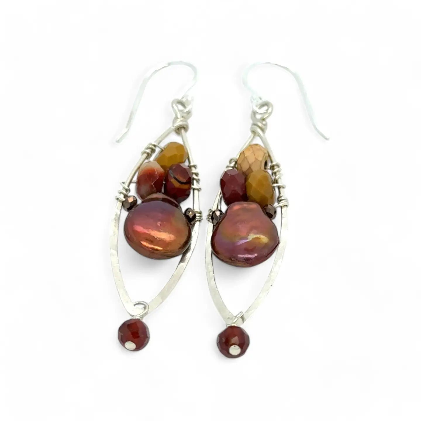 A pair of lightweight sterling silver marquise frame earrings, featuring faceted mookite jasper , hessonite gemstones, and a rich red fresh water pearl drop.