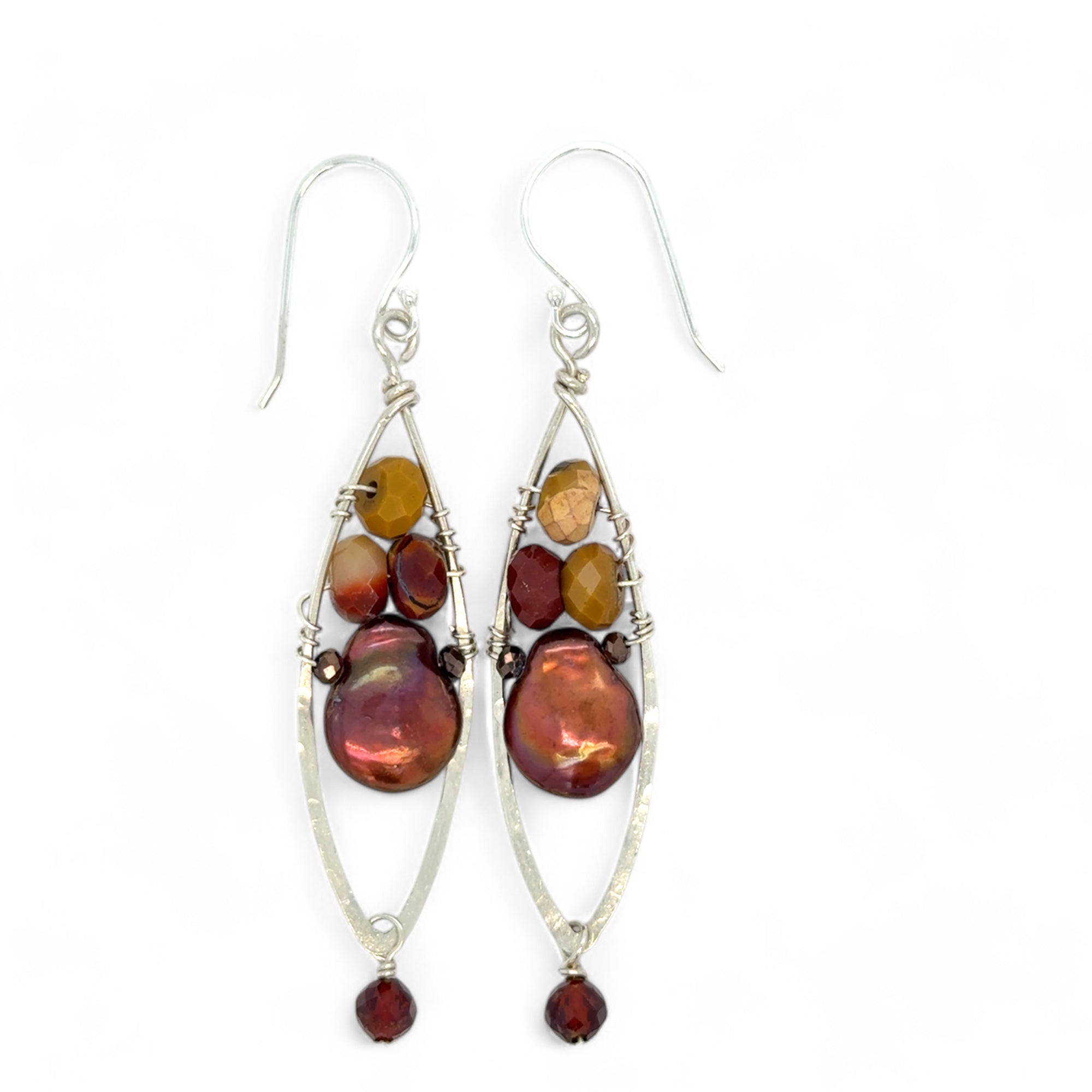 A pair of lightweight sterling silver marquise frame earrings, featuring faceted mookite jasper , hessonite gemstones, and a rich red fresh water pearl drop.