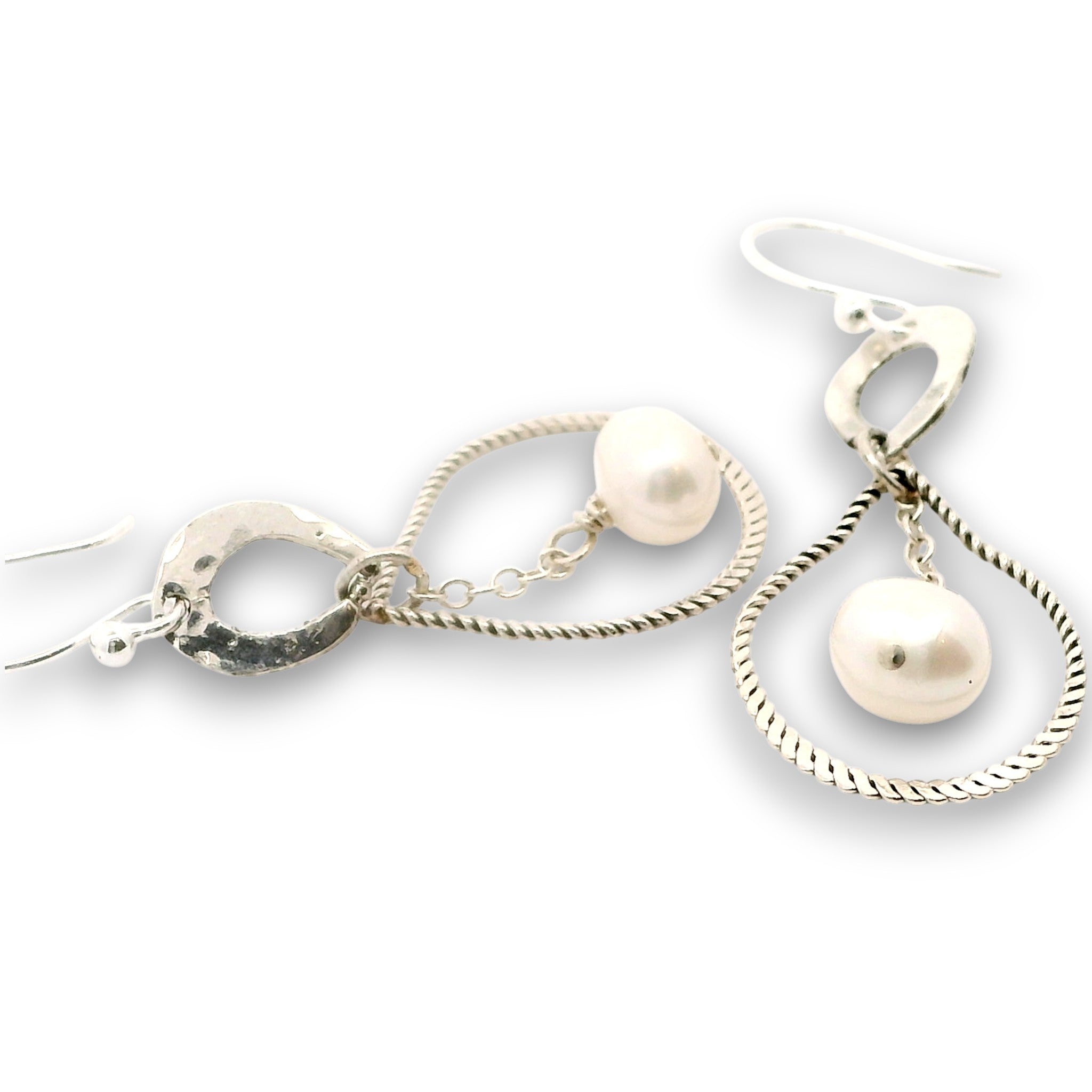 Sterling silver braided drops hanging from hammered mini teardrops with a fresh water pearl drop
