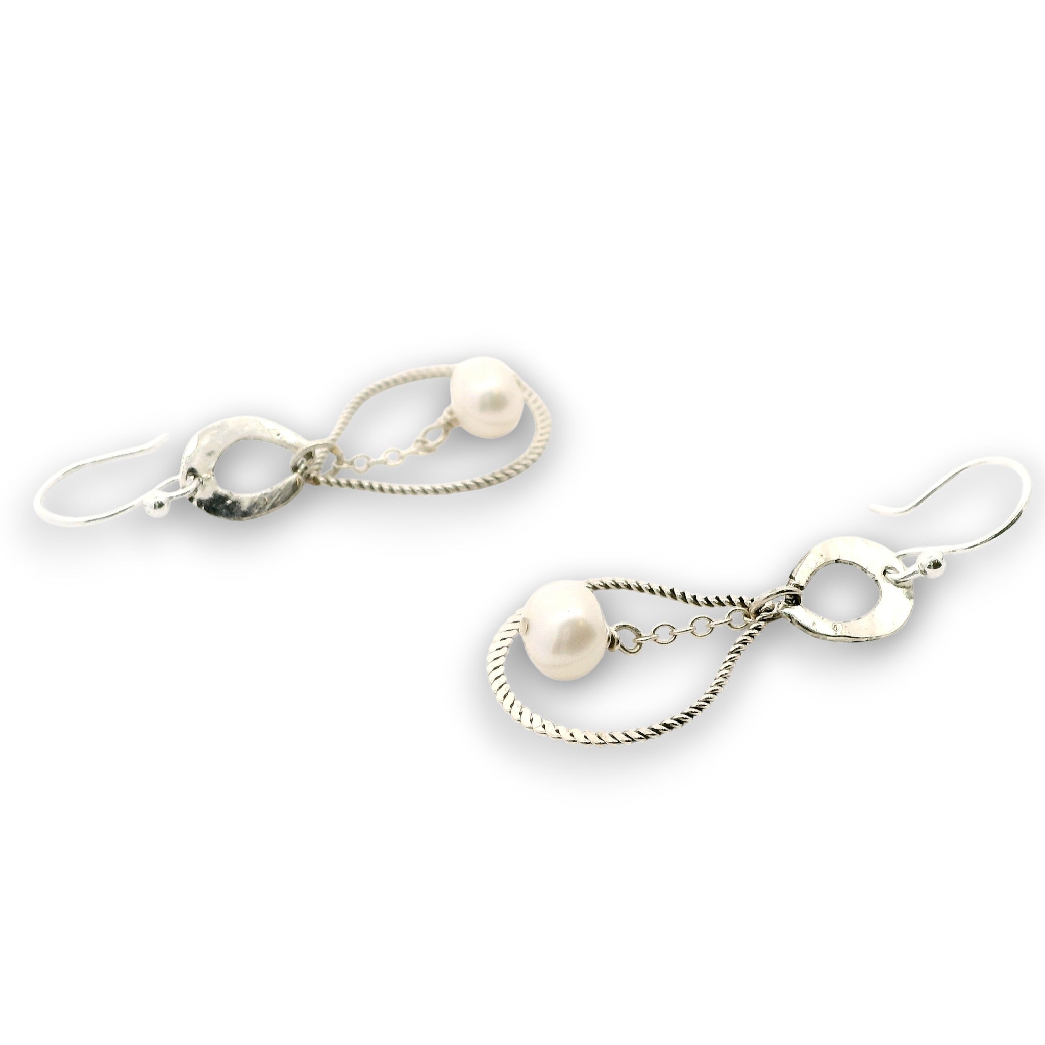 Sterling silver braided drops hanging from hammered mini teardrops with a fresh water pearl drop