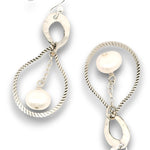 Sterling silver braided drops hanging from hammered mini teardrops with a fresh water pearl drop