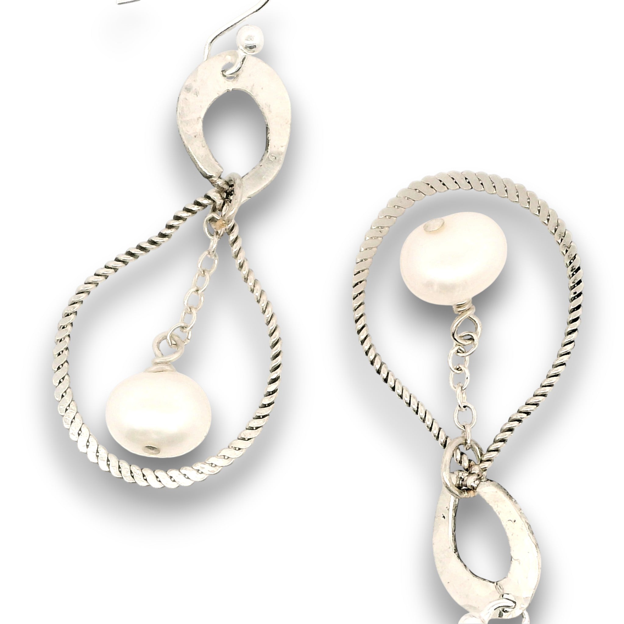 Sterling silver braided drops hanging from hammered mini teardrops with a fresh water pearl drop
