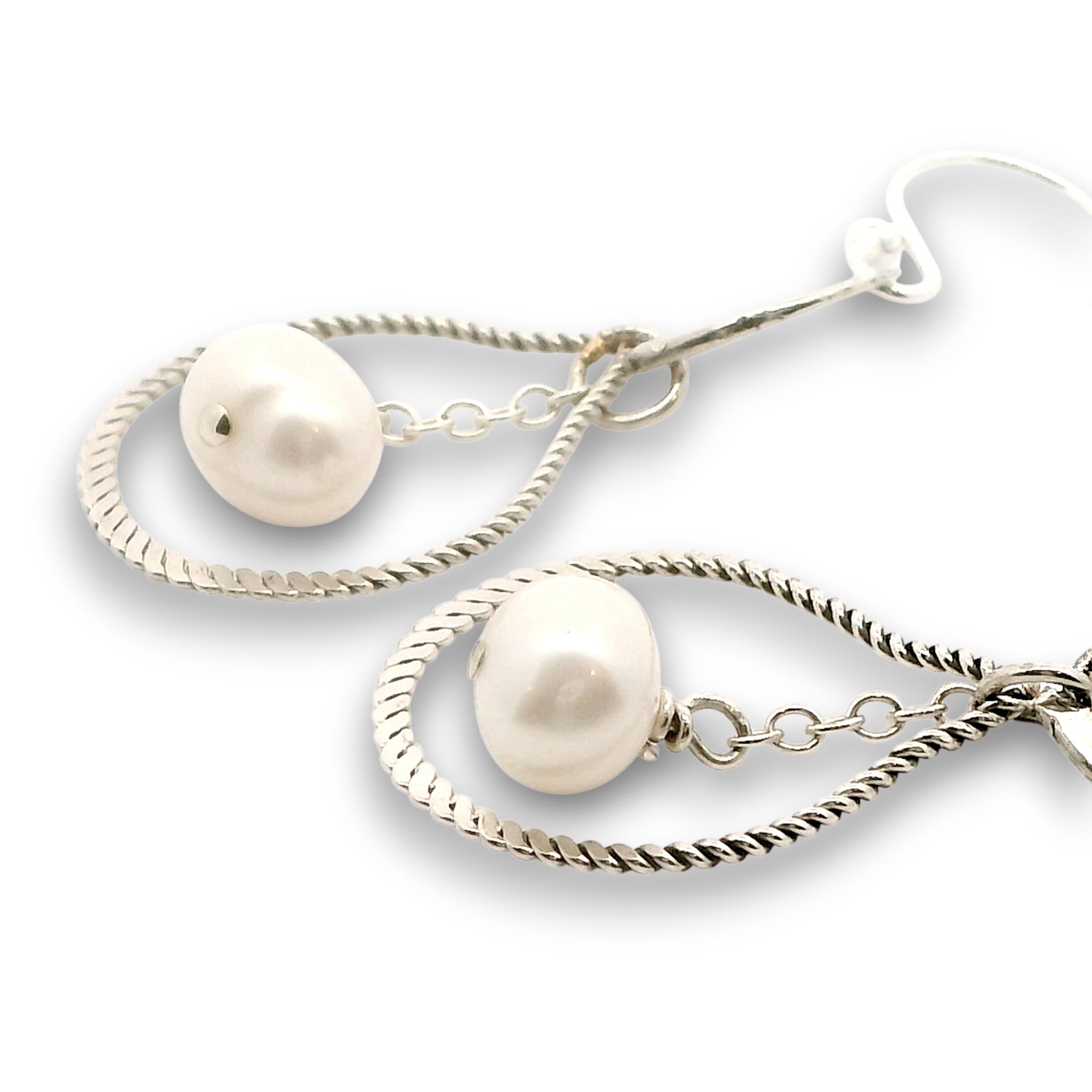 Sterling silver braided drops hanging from hammered mini teardrops with a fresh water pearl drop