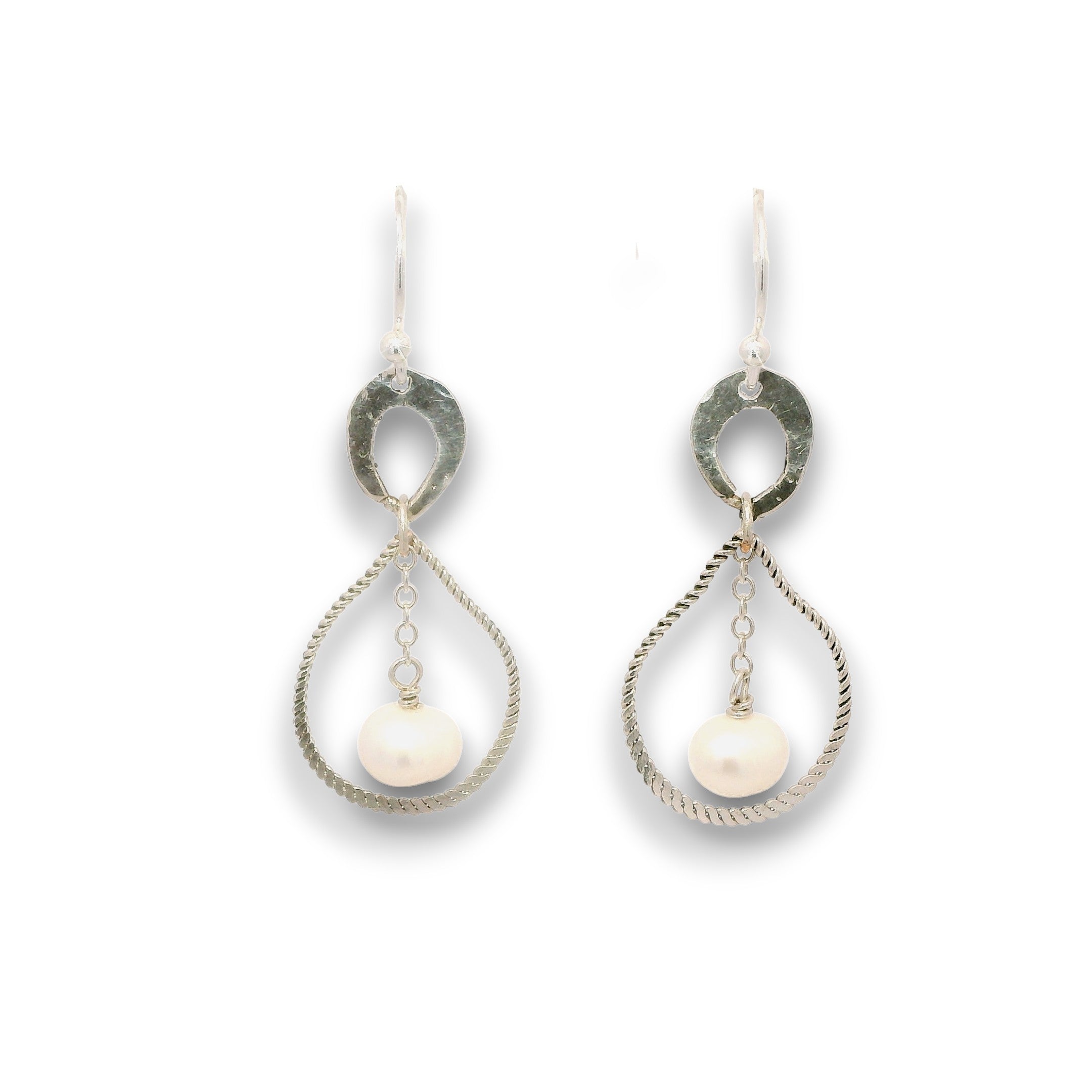 Sterling silver braided drops hanging from hammered mini teardrops with a fresh water pearl drop