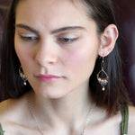 Sterling silver hammered marquise earrings with a brass arch above fresh water pearl and labradorite gemstones with a champagne color fresh water pearl dangle