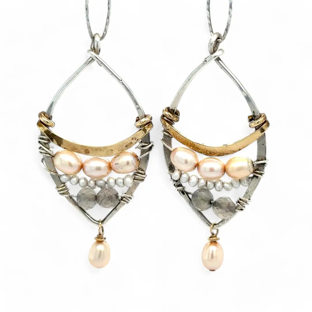 Sterling silver hammered marquise earrings with a brass arch above fresh water pearl and labradorite gemstones with a champagne color fresh water pearl dangle