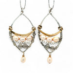 Sterling silver hammered marquise earrings with a brass arch above fresh water pearl and labradorite gemstones with a champagne color fresh water pearl dangle