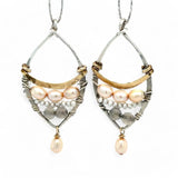 Sterling silver hammered marquise earrings with a brass arch above fresh water pearl and labradorite gemstones with a champagne color fresh water pearl dangle
