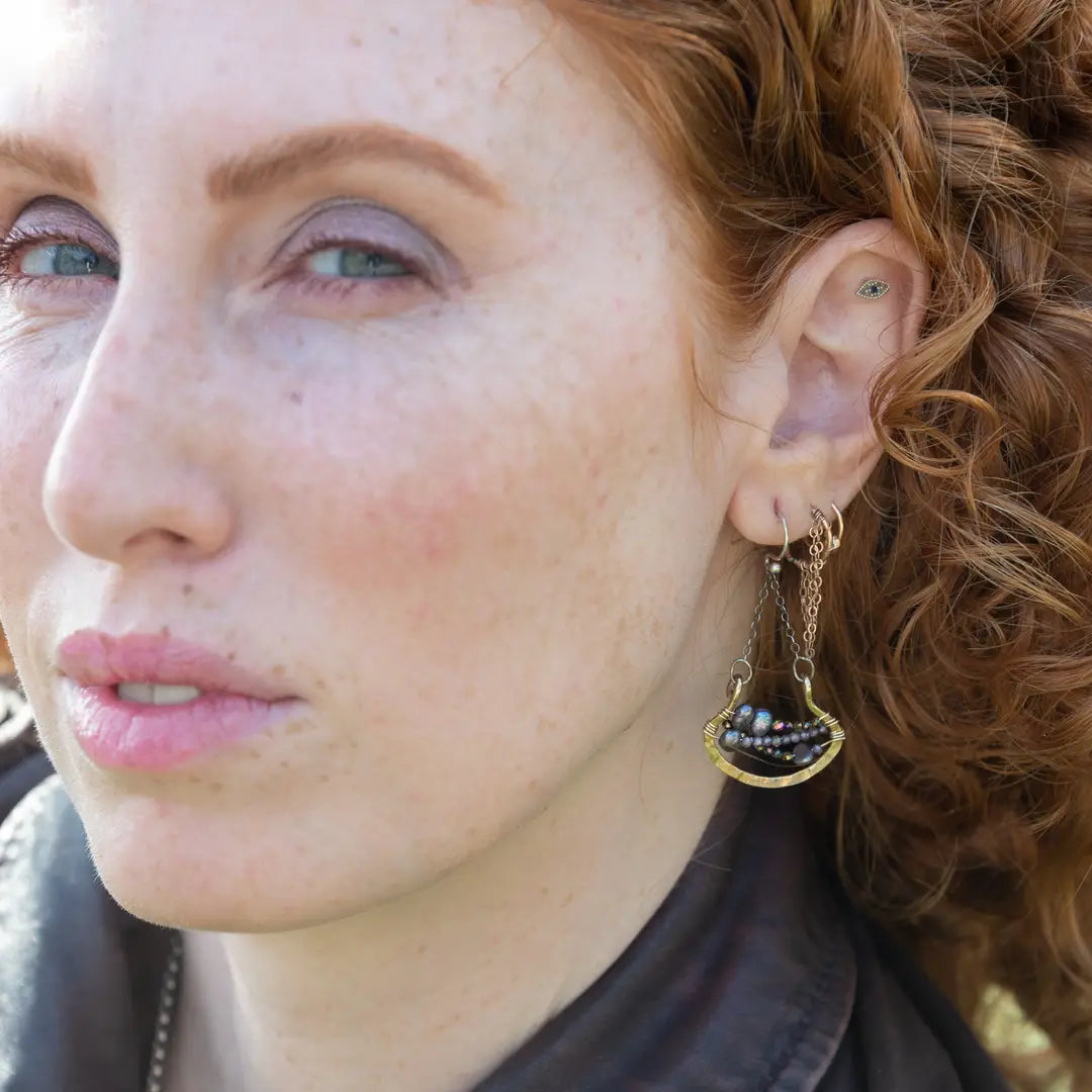 Handmade brass pendulum earrings on darkened sterling silver chain with purple fresh water pearls, lavender cubic zirconia and pyrite gemstones