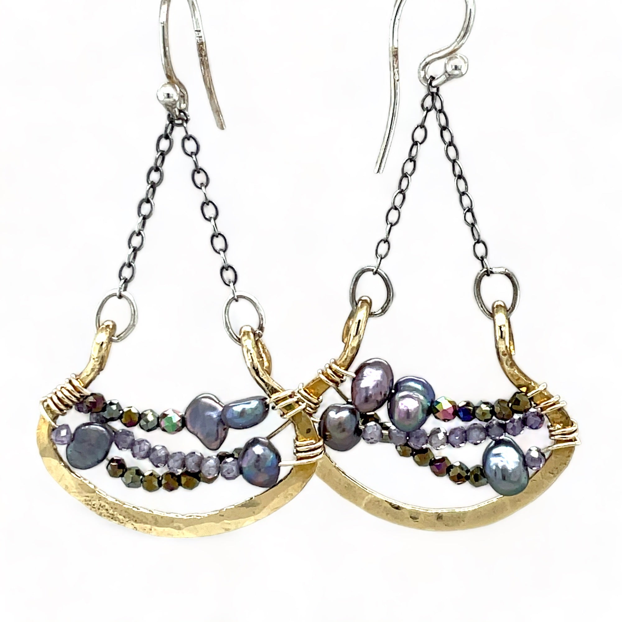 Handmade brass pendulum earrings on darkened sterling silver chain with purple fresh water pearls, lavender cubic zirconia and pyrite gemstones