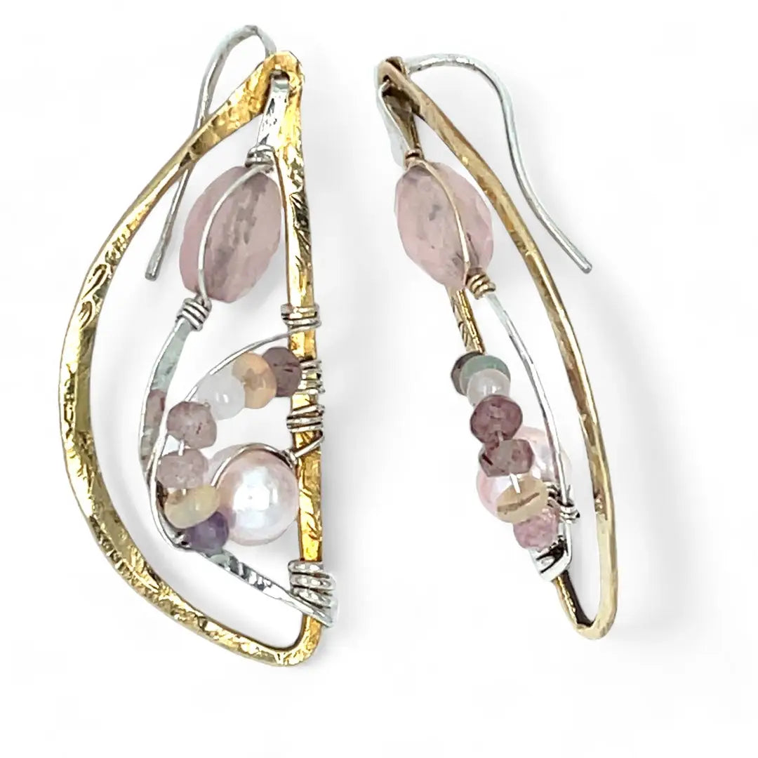 Leaf stamped brass semi circle earrings with sterling silver and gold filled wire details, featuring rose quartz, pink tourmaline, pink opal, and a pink fresh water pearl with built in earring hooks that wear like a post earring