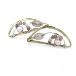 Leaf stamped brass semi circle earrings with sterling silver and gold filled wire details, featuring rose quartz, pink tourmaline, pink opal, and a pink fresh water pearl with built in earring hooks that wear like a post earring