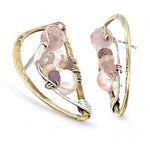 Leaf stamped brass semi circle earrings with sterling silver and gold filled wire details, featuring rose quartz, pink tourmaline, pink opal, and a pink fresh water pearl with built in earring hooks that wear like a post earring