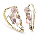 Leaf stamped brass semi circle earrings with sterling silver and gold filled wire details, featuring rose quartz, pink tourmaline, pink opal, and a pink fresh water pearl with built in earring hooks that wear like a post earring