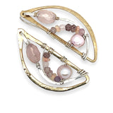 Leaf stamped brass semi circle earrings with sterling silver and gold filled wire details, featuring rose quartz, pink tourmaline, pink opal, and a pink fresh water pearl with built in earring hooks that wear like a post earring