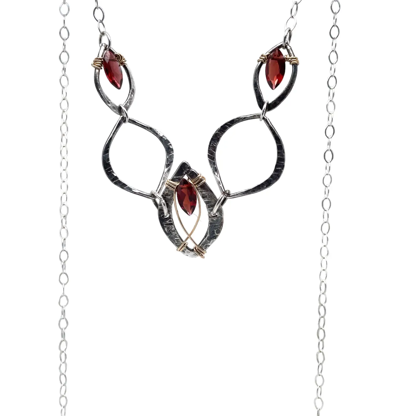 Darkened sterling silver marquise link necklace with refined quality garnet marquise gemstones on gold filled wire