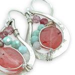 Floral stamped sterling silver mini paisley earrings that are filled with cherry quartz, pink tourmaline, larimar, moonstone, and fresh water pearls