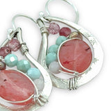 Floral stamped sterling silver mini paisley earrings that are filled with cherry quartz, pink tourmaline, larimar, moonstone, and fresh water pearls