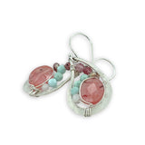 Floral stamped sterling silver mini paisley earrings that are filled with cherry quartz, pink tourmaline, larimar, moonstone, and fresh water pearls