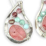 Floral stamped sterling silver mini paisley earrings that are filled with cherry quartz, pink tourmaline, larimar, moonstone, and fresh water pearls