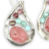 Floral stamped sterling silver mini paisley earrings that are filled with cherry quartz, pink tourmaline, larimar, moonstone, and fresh water pearls