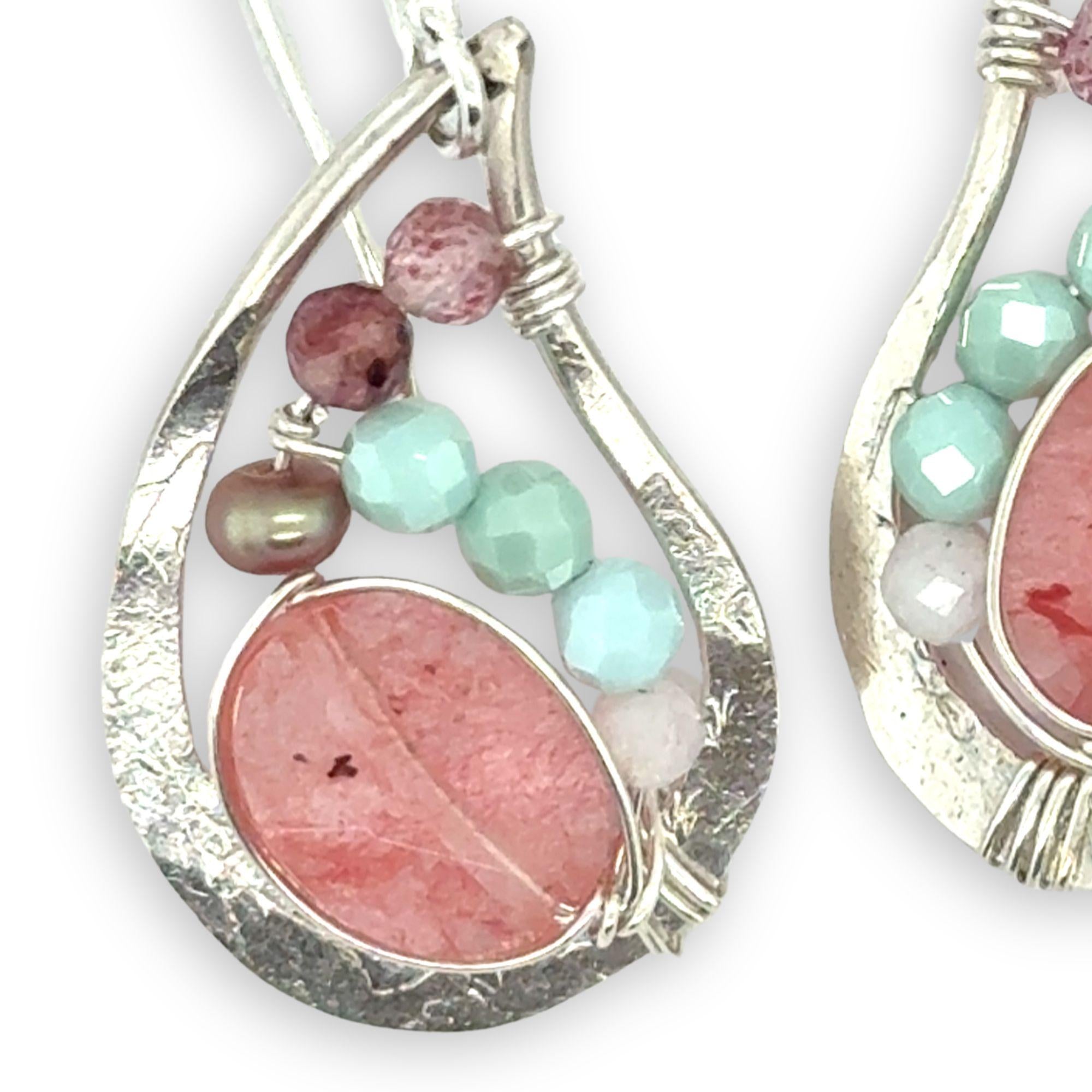 Floral stamped sterling silver mini paisley earrings that are filled with cherry quartz, pink tourmaline, larimar, moonstone, and fresh water pearls