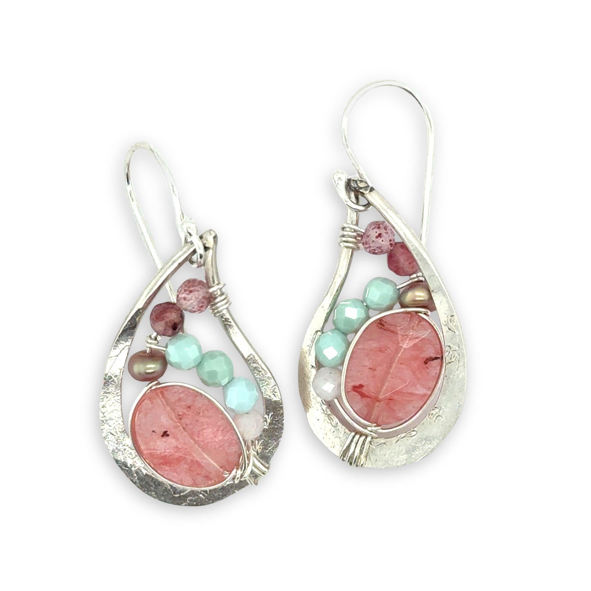 Floral stamped sterling silver mini paisley earrings that are filled with cherry quartz, pink tourmaline, larimar, moonstone, and fresh water pearls